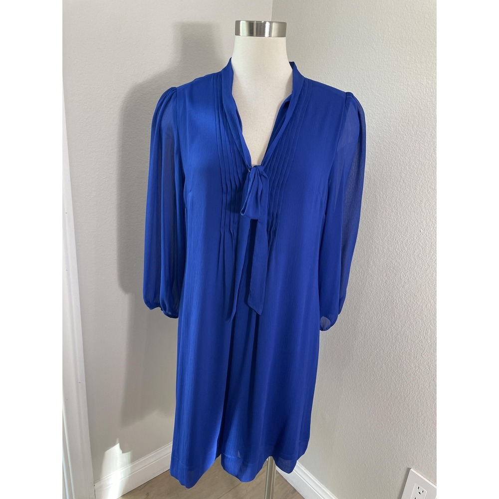 Calvin Klein Dress Womens 12 Blue Chiffon Shift Pleated Tie‎ Neck 3/4 Sleeve